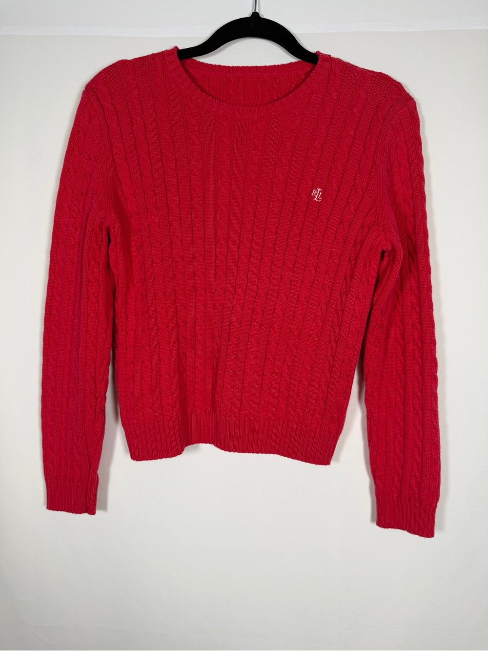 Vintage Ralph Lauren Red Cable-Knit Crewneck Sweater Fisherman, Old Money Preppy